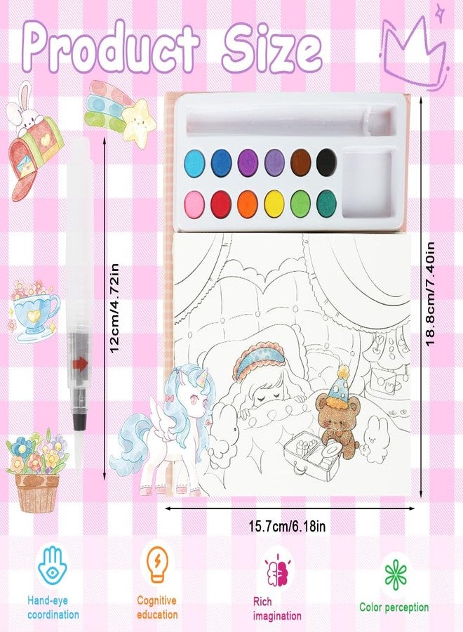 PATPAT® Cartoon Watercolor Coloring Book, Includes 18 Dreamy Cartoon Unicorn Castle Scenes Themes & 24Pcs Coloring Punched Bookmarks, 12-Color Water-Based Pigments, Brush Pen, Painting Instructions - Image 4